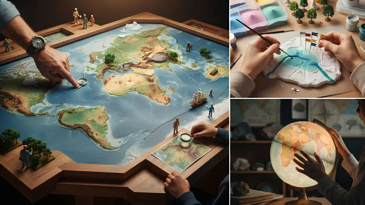 Students learning with a large U.S. map spread across a table