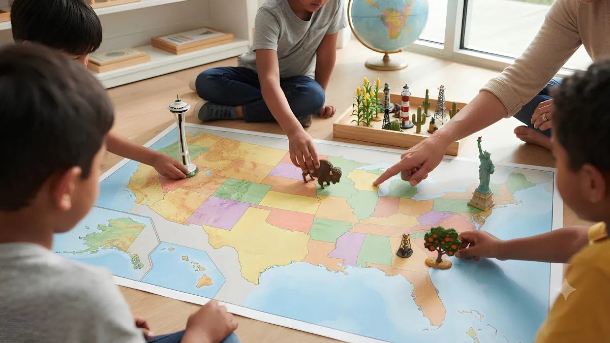 Student exploring a large U.S. map in a classroom